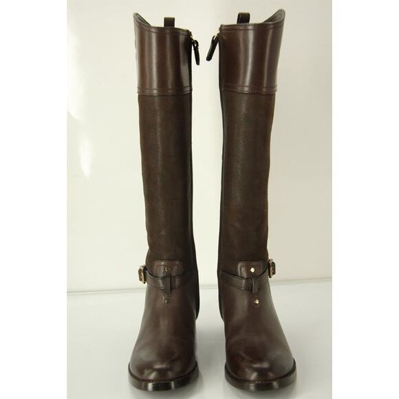 Tory Burch Brown Leather Simone Logo Embossed Riding Boots New Sz 5.5 - Picture 4 of 10